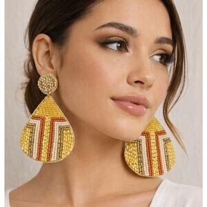 Kay Lee Yellow Gold Glass Beaded Oval Earrings New